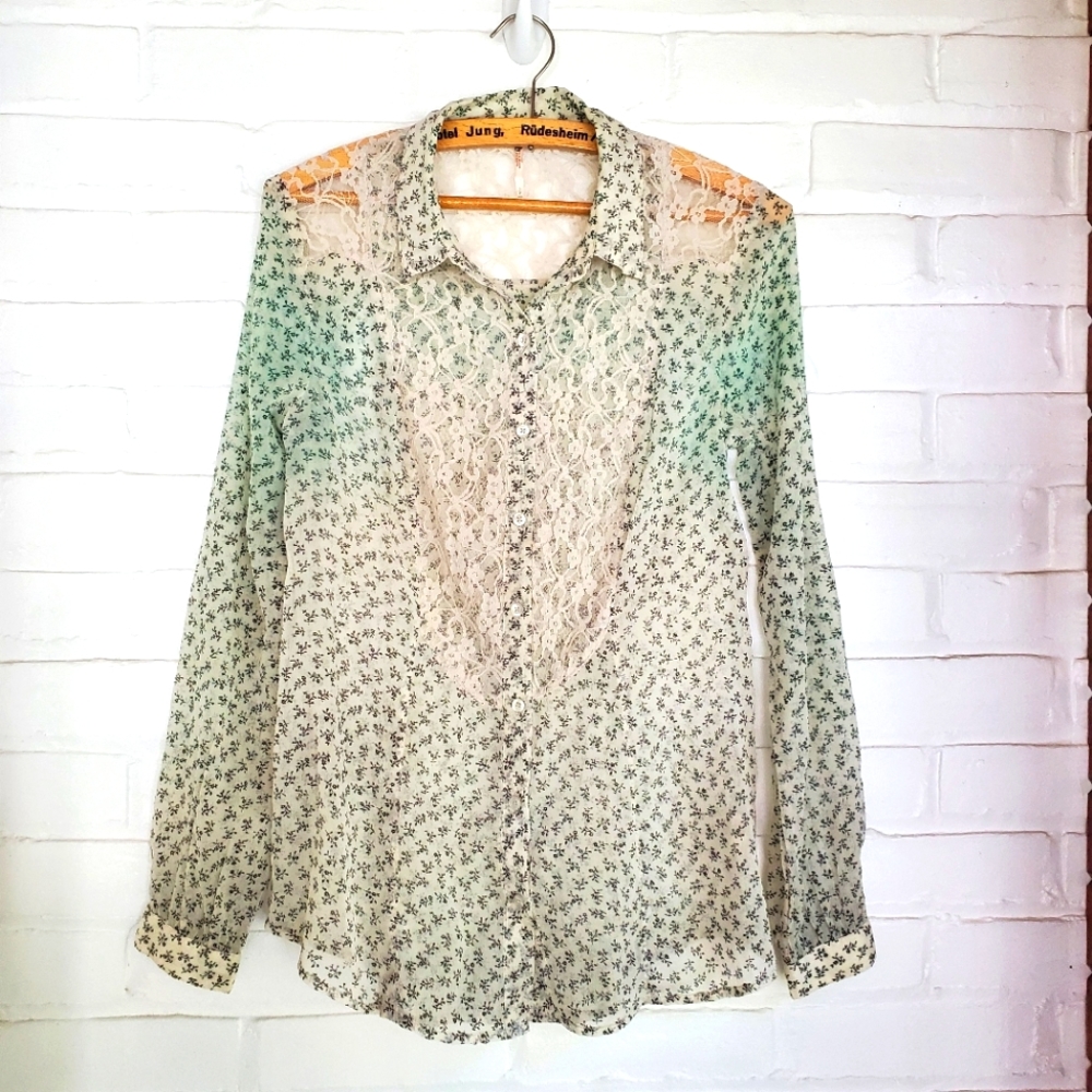 Free People All That Glitters Top Sheer Button Down Lace Back Long Sleeve Sz S